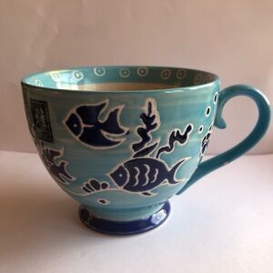 Yokohama Studio Pottery Blue Coffee Mug Tea Cup Hand painted fish sealife coral